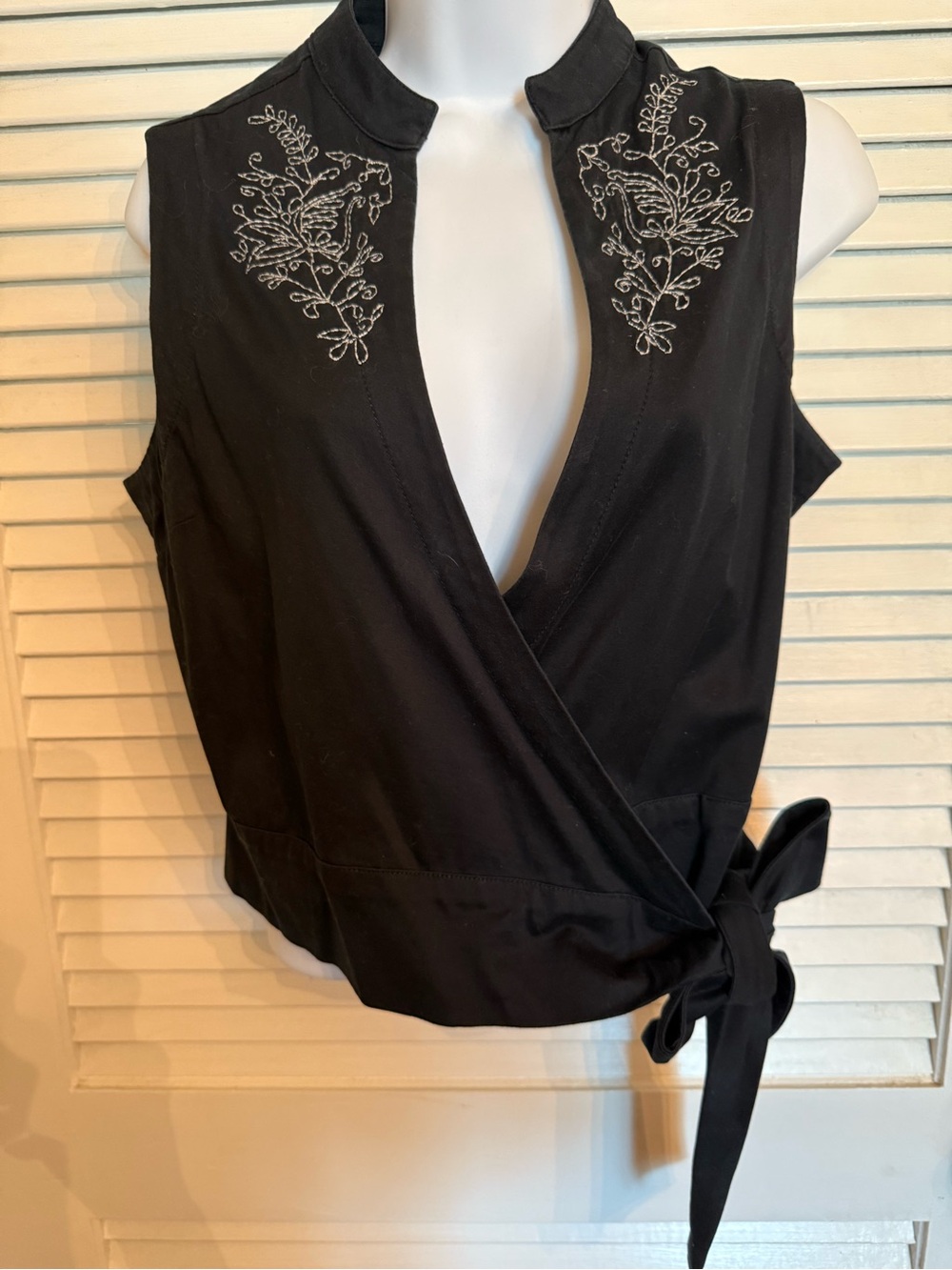 Odille Black Sleeveless Wrap Camisole with White Embroidery